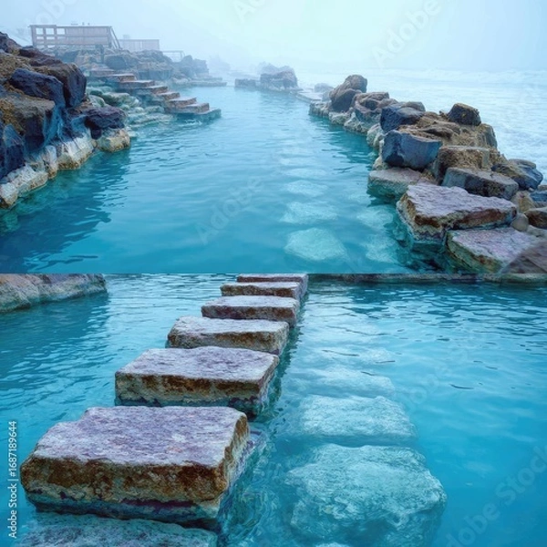 Obraz Misty hot springs with stone steps