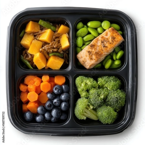 Obraz Healthy meal prep in a black plastic container. Four compartments hold a variety of foods  cooked salmon, brown rice, mango, edamame, carrots, blueberries, and broccoli