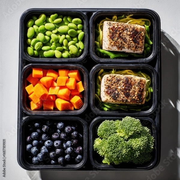 Obraz Healthy meal prep in black containers.  Four sections feature cooked fish,  vegetables, and fruit.  Atop a light grey surface