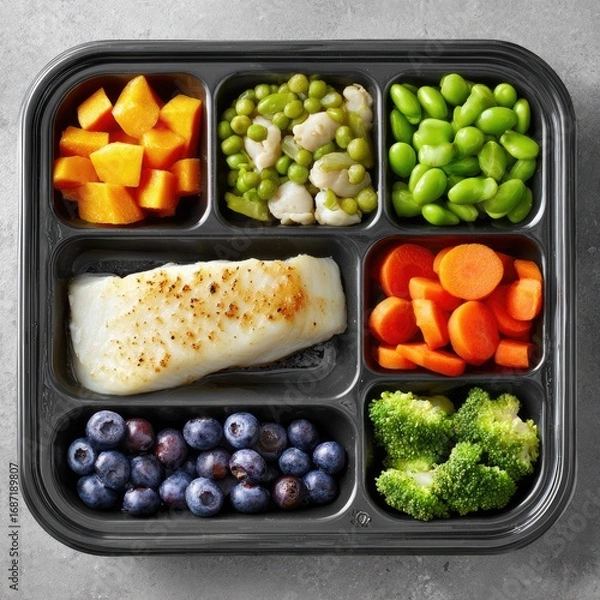 Obraz Prepared meal in a black plastic container.  Colorful, healthy portions