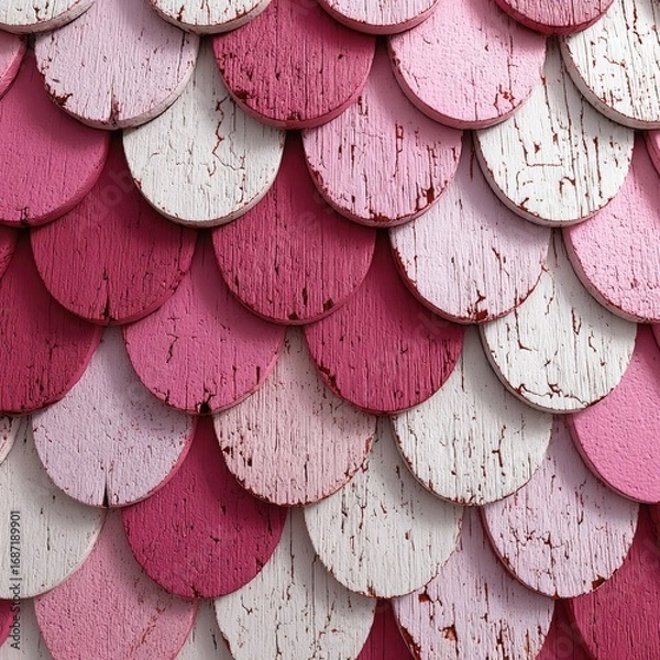 Obraz Close-up view of overlapping circular wooden shingles in varying shades of pink and white.  The shingles have a distressed, weathered look