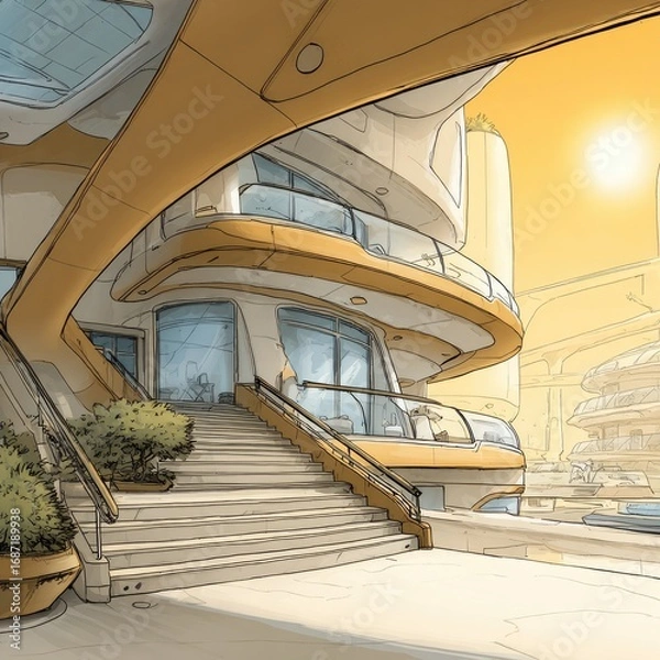 Obraz Futuristic city plaza with curved buildings.  Warm, golden light
