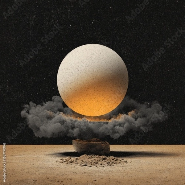 Obraz A large, light beige sphere,  hovering above a dark smoky base, rests on a rocky platform in a desert-like landscape under a night sky