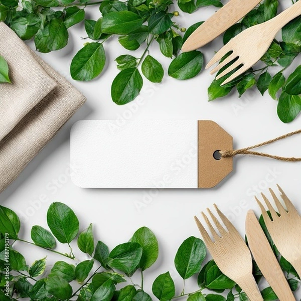 Obraz Eco-friendly tableware and textiles arranged around a blank tag