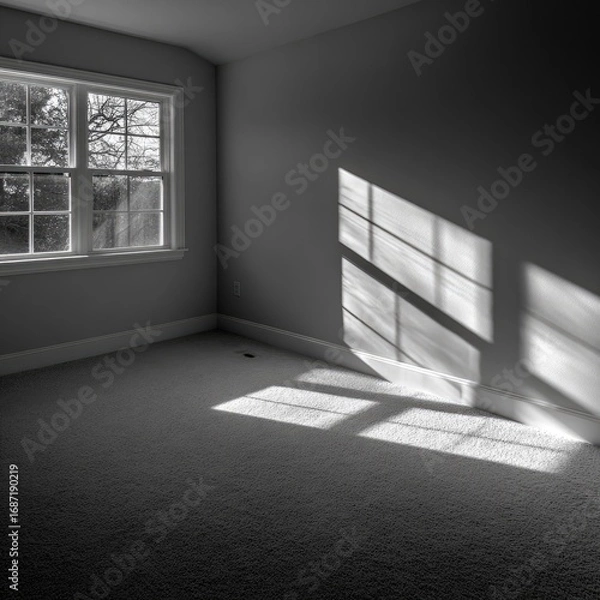 Obraz Interior monochrome view of a room with a window. Sunlight casts shadows on the carpeted floor