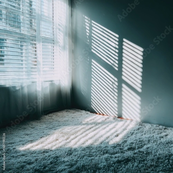 Obraz Sunlight streams through a window, casting shadows on a beige carpet