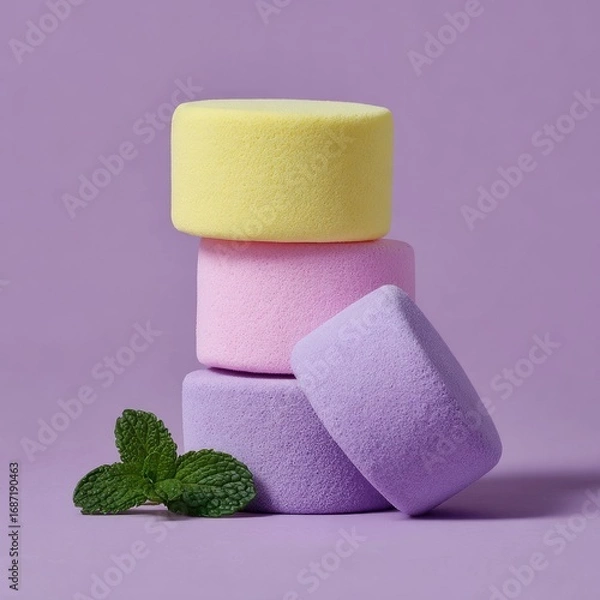 Obraz Three pastel-colored makeup sponges stacked vertically, with a mint sprig at the base