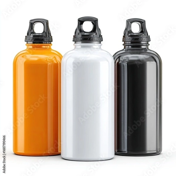 Obraz Three metallic water bottles, orange, white, and black,  display a handle on top