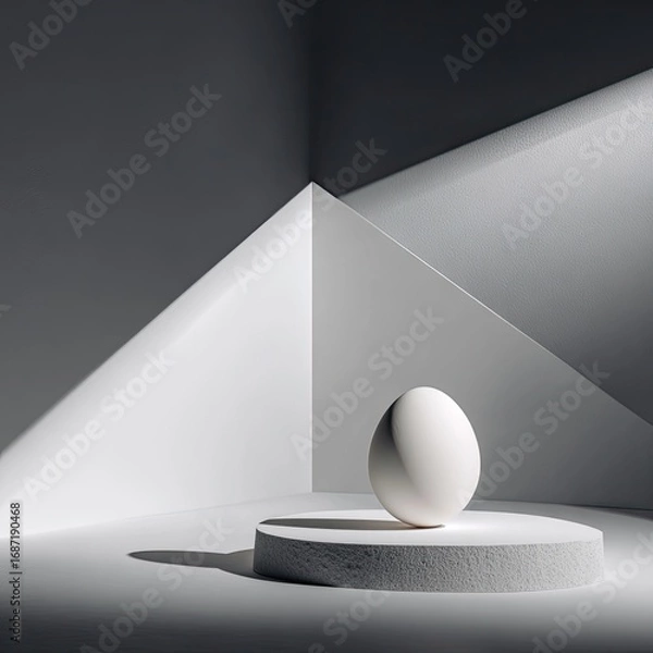 Obraz A single, pristine white egg sits on a simple, white pedestal in a minimalist, geometrically-shaped space.  Light angles highlight the form