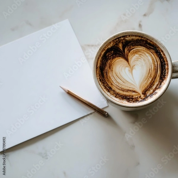 Obraz A blank sheet of paper sits beside a latte art coffee