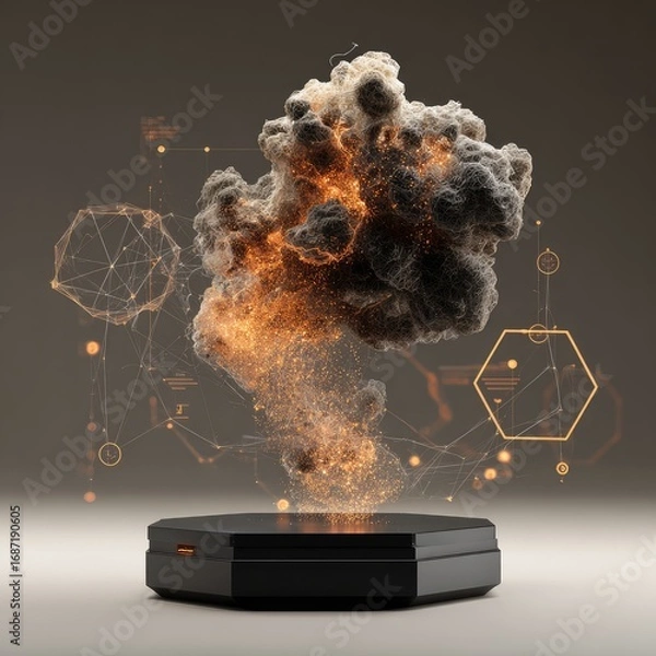 Obraz Abstract explosion on a pedestal, surrounded by digital overlay