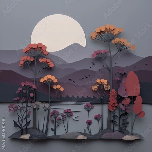 Obraz Papercut landscape, autumnal scene with moon