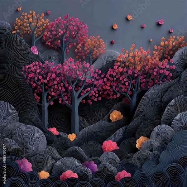 Obraz Autumnal forest scene, paper-cut style.  Dark, moody mountains and trees with vibrant fall colors