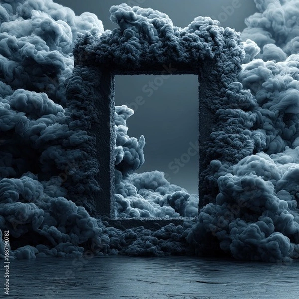 Obraz A dark, rectangular frame, seemingly carved from stone, is framed by billowing, dark-blue smoke.  A void or passageway is revealed through the frame