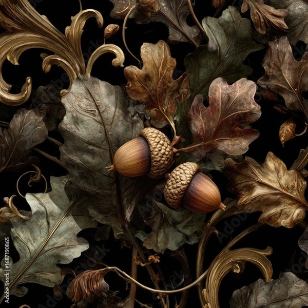 Obraz Detailed autumnal image with acorns and leaves amidst ornate scrollwork