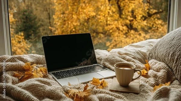 Fototapeta Cozy autumn scene with laptop coffee and blanket near window decorated with golden fall leaves