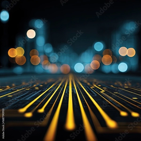 Obraz City lights blurred, circuit board pathways glow