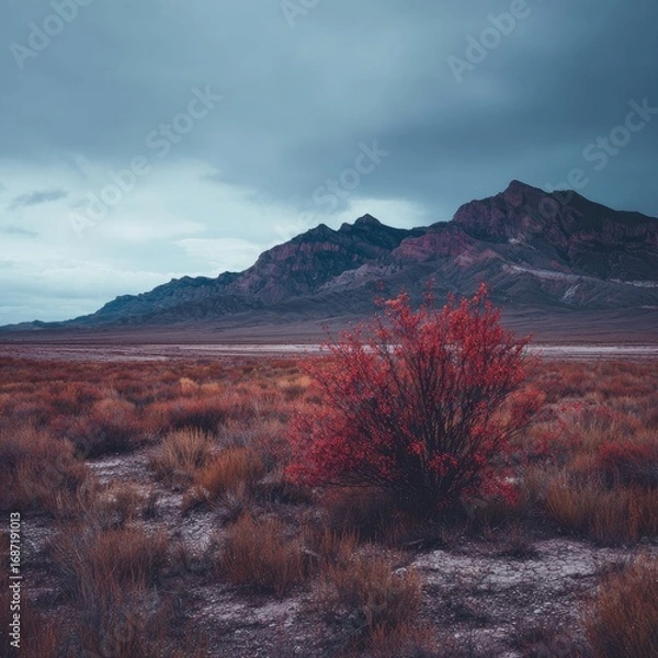 Obraz Crimson bush in a vast, arid landscape.  Mountains loom in the distance under a moody sky