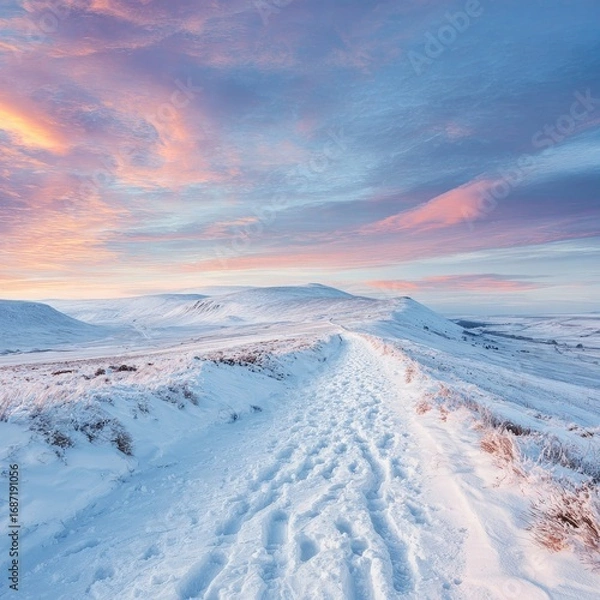 Obraz Snowy mountain path at dawn.  Pastel sky, footprints in fresh snow.  Vast, winter landscape