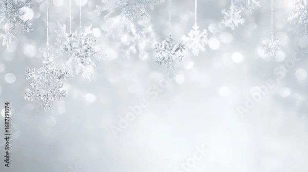 Fototapeta Graceful Christmas Setting with Silvery Snowflakes and Subtle Bokeh Lighting, Exuding a Luxurious Festive Elegance, Clean and Minimalist Style.