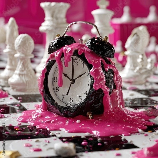 Obraz A melting clock, dripping pink, sits on a chessboard. White and black pieces surround it