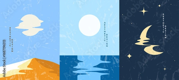 Fototapeta Vector illustration. Landscape of desert sand hill, sun reflection in water, moonlight. Design for poster, book cover, web template, brochure. Grunge texture overlay. Modern minimalist style