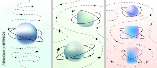 Fototapeta Vector illustration. Colorful 3d abstract shapes with orbiting star lines on a light background.  Soft pastel gradient color. Design element for poster, book or magazine cover, layout, flyer, poster