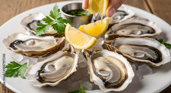 Fototapeta Exquisite platter with succulent raw oysters on crushed ice and zesty lemon squeeze for culinary