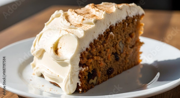 Fototapeta Exquisite slice of carrot cake adorned with luscious cream cheese frosting delighting taste buds