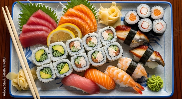 Fototapeta Exquisite sushi platter showcasing diverse rolls sashimi and nigiri culinary presentation