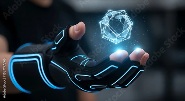 Fototapeta Futuristic human hand in advanced glove displaying virtual reality geometric design holographic