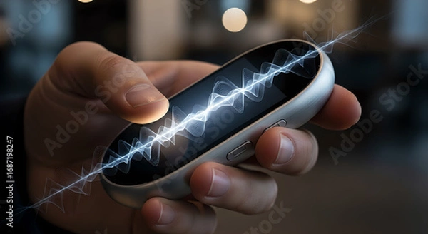 Fototapeta Hand holding futuristic device showing waveform with energy lines representing data communication