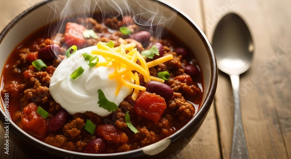 Fototapeta Hearty bowl of steaming chili, adorned with sour cream, cheddar cheese and chives creating tasty