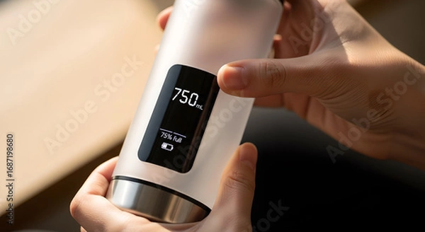 Fototapeta Human hands displaying a modern sleek smart water bottle showing digital readouts indicating