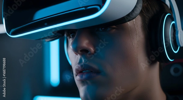 Fototapeta Immersive virtual world experience a young man immersed in simulation wearing a vr headset