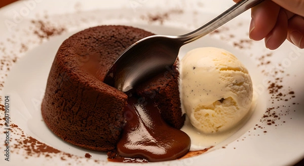 Fototapeta Indulge in Delicious Dessert Delightful Chocolate Lava Cake with a Scoop of Creamy Vanilla Ice