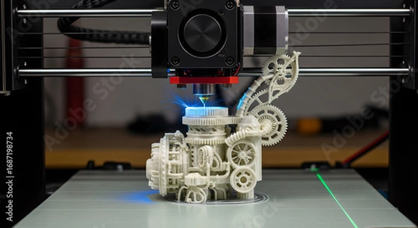 Fototapeta Innovative 3D printer creating intricate steampunk-inspired mechanical device with precise