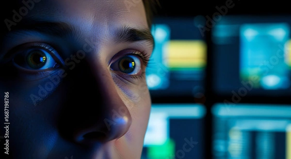 Fototapeta Intense gaze captivated by digital screens reflecting in wide eyes person immersed in information