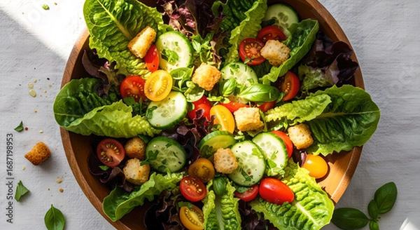 Fototapeta Invigorating garden salad featuring crisp romaine lettuce juicy tomatoes cucumbers and crunchy