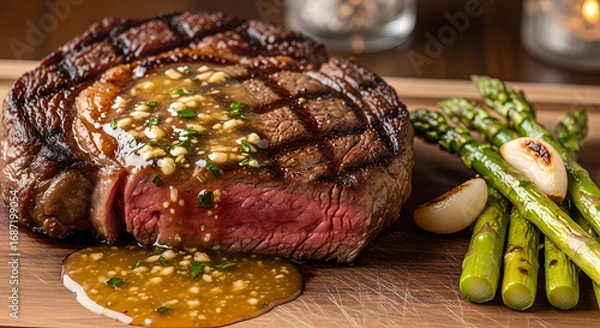 Fototapeta Juicy ribeye steak with golden garlic butter sauce and asparagus spears presentation elevates the