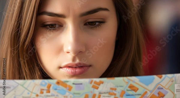 Fototapeta Lost in a new city anxious young woman consults a paper map for directions exploring unfamiliar