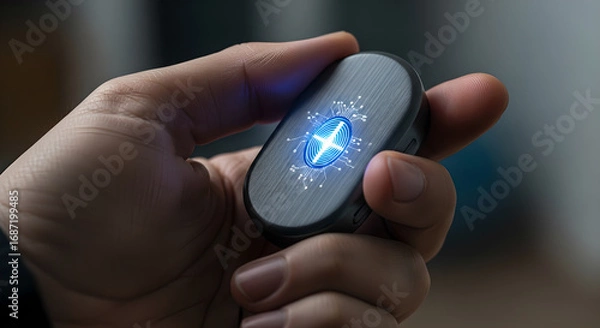 Fototapeta Person presenting a futuristic device with a glowing digital imprint symbolizing cutting edge