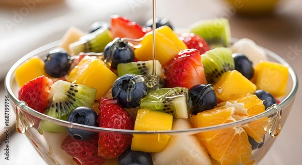 Fototapeta Refreshing medley of colorful fruits drizzled with honey a delightful and nutritious fruit salad