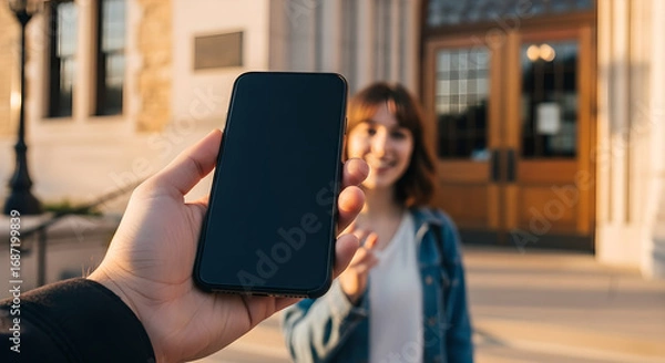 Fototapeta Sharing mobile experiences: a bright modern capture of connection with technology and warm human