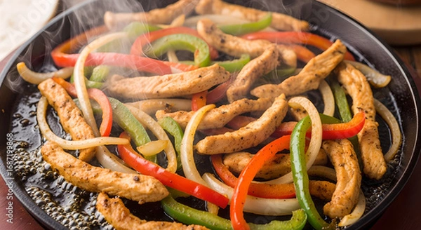 Fototapeta Sizzling fajita platter with vibrant peppers and savory chicken ready to be served and enjoyed fresh