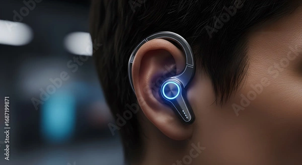Fototapeta Sleek futuristic wireless earbud design showcasing modern audio technology with a vibrant blue