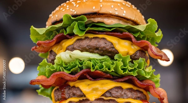 Fototapeta Stacked deliciousness: A towering burger creation with juicy patties crispy bacon fresh lettuce