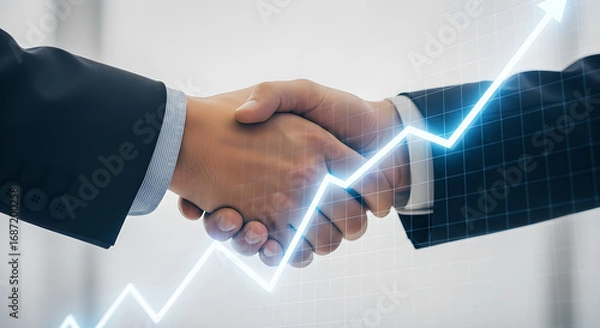 Fototapeta Successful partnership demonstrated with a firm handshake amidst rising progress towards higher
