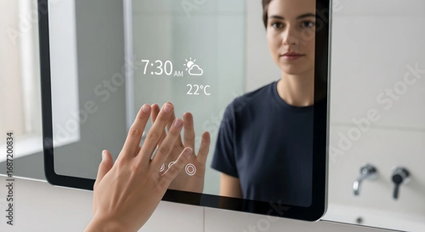 Fototapeta Woman interacting with smart mirror displaying time weather temperature in modern bathroom setting