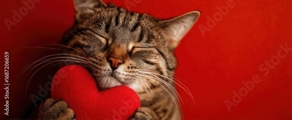 Fototapeta The affectionate cat holding a red heart in a cozy embrace.